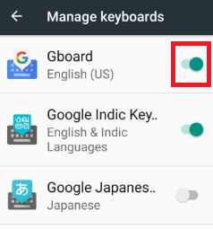 Povoľte aplikáciu klávesnice Gboard v telefóne nugát 7.0